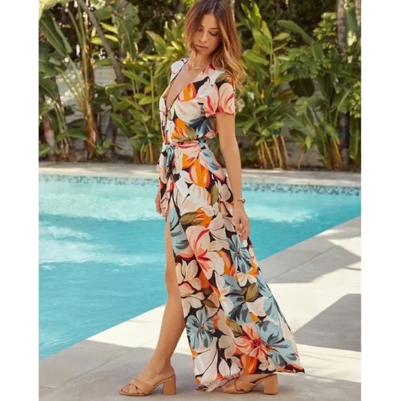 Vici Maxi Dress M Cadiz Floral Bardot Wrap Waist Tie Tropical Vacation - Picture 3 of 11